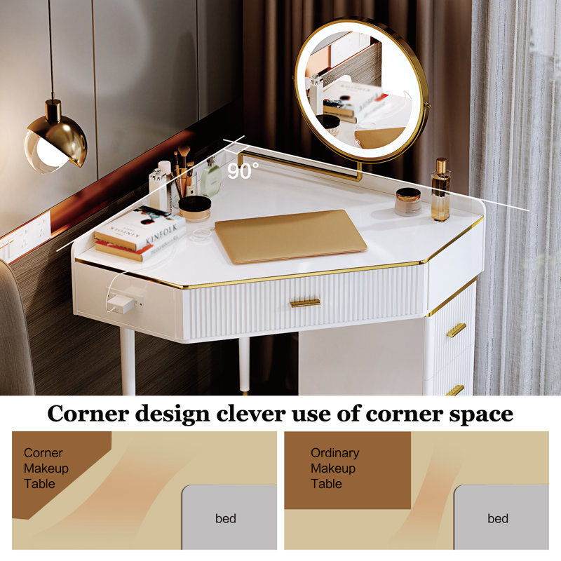 YYJ Modern Corner Vanity with Lighted Mirror Large Size Corner Dresser Makeup Dressing Table Reviews Wayfair